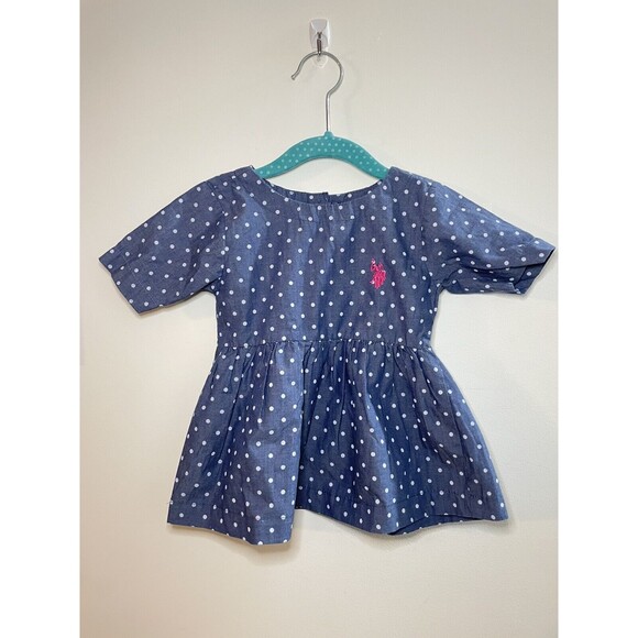 US Polo Assn Infant Toddler 2T Chambray Blue White Polka Dot Short Sleeve Blouse - Picture 1 of 5